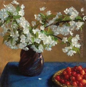 Blutenzweige In Vase Und Korb Mit Kirschen by Franz Von Matsch