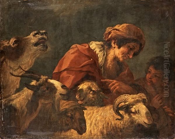Gypsy With Cattle And A Boy Playing A Flute - view 1