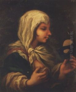 A Young Woman In A White Smock And A Blue Cloak, Holding A Carnival Mask