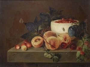 Peaches, Gooseberries, Cherries And Other Fruit On A Stone Ledge With A Bowl Of Raspberries; And Peaches, Grapes And Plums On A Stone Ledge (2) by Andreas Theodor Mattenheimer
