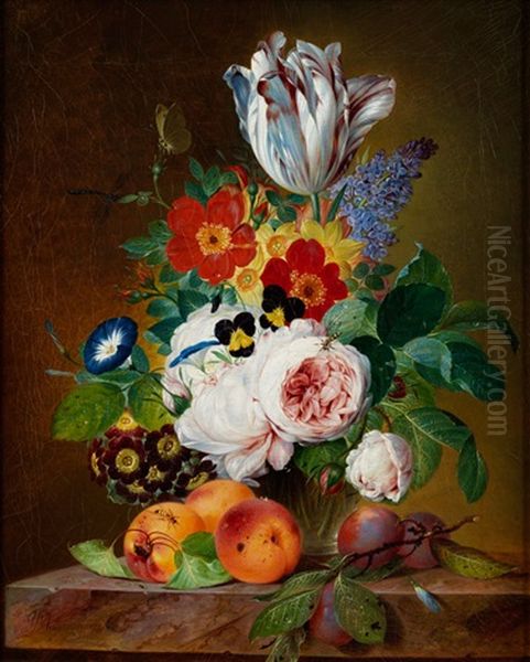 Blumenstillleben Mit Pfirsichen Und Pflaumen - view 1
