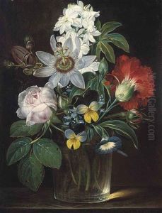 Roses, A Carnation, Forget-me-nots, Violets, Morning Glory, A Passion Flower And A Delphinium In A Glass Vase by Andreas Theodor Mattenheimer