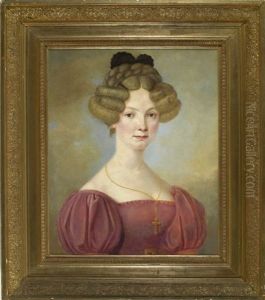 Portrait Einer Jungen Dame In Altrosafarbenem Biedermeierkleid Und Hochgesteckten Haaren