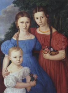 Gruppenbildnis Dreier Kinder Vor Landschaftshintergrund by Andreas Theodor Mattenheimer