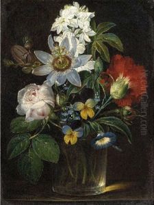 Roses, A Carnation, Forget-me-nots, Violets, Morning Glory, Passion Flower And Delphinium In A Glass Vase by Andreas Theodor Mattenheimer