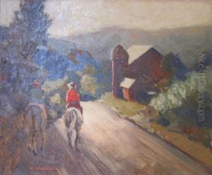 Landscape With Figures On Horseback Riding On Road With Barn Alongside by Walter Mattern