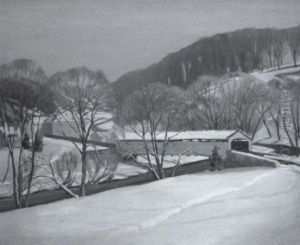 Winter Landscape With Covered Bridge And Farmhouse by Walter Mattern