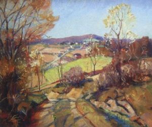 Autumn Landscape With View Of Valley And Farm by Walter Mattern