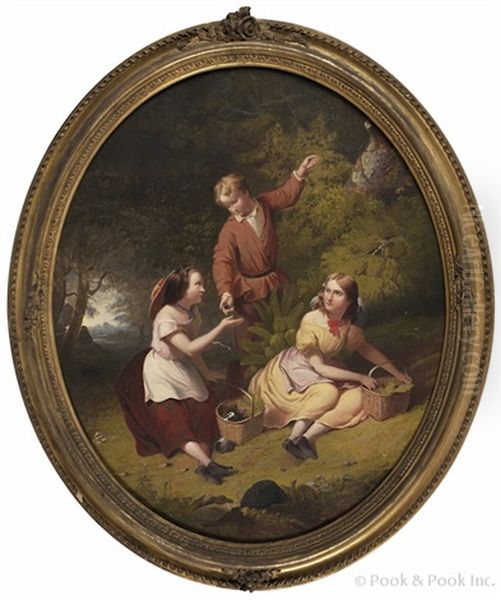 Three Children Picking Berries - view 1