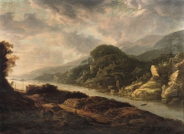 A River Landscape With Travellers On A Path And A Town Along The River - view 1