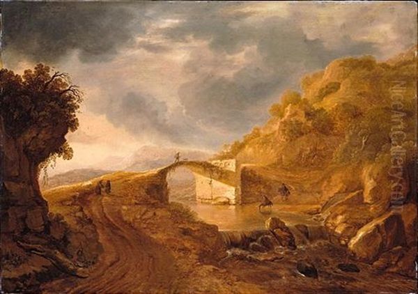 A Mountainous Evening Landscape With A Partially Ruined Bridge Crossing A River - view 1