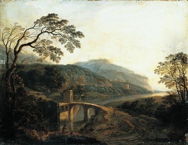 An Extensive River Landscape With A Fisherman Sitting Before A Bridge - view 1