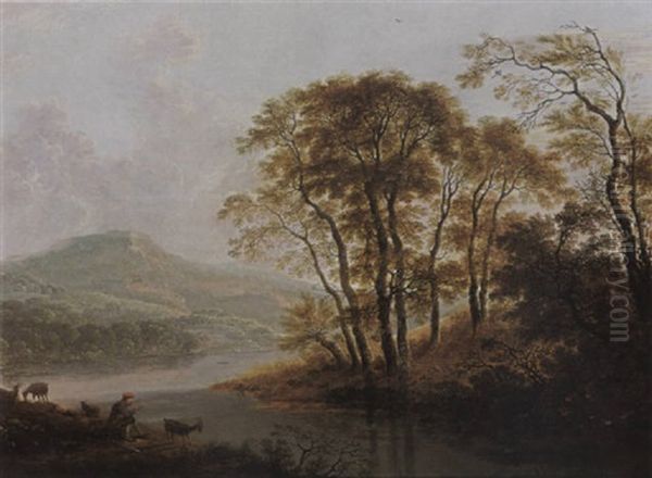 A Wooded River Landscape With A Shepherd And His Flock Resting - view 1