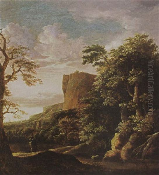 A Southern Wooded Landscape With A Traveller Near A Stream, Mountains Beyond - view 1
