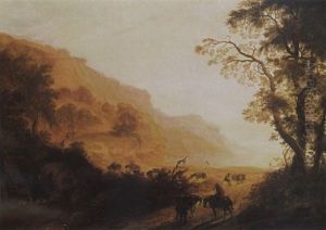 An Italianate Hilly Landscape With Horsemen Resting In The Foreground, Travellers With Donkeys On A Path, And A Waterfall Nearby by Cornelis Matteus