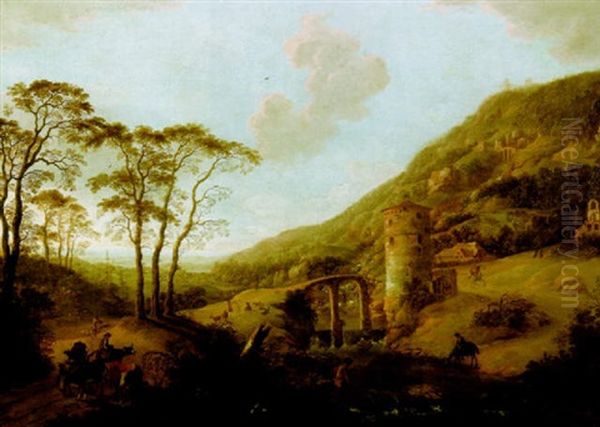 An Extensive Wooded River Landscape With A Stone Bridge And Travellers - view 1