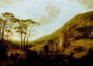 An Extensive Wooded River Landscape With A Stone Bridge And Travellers by Cornelis Matteus