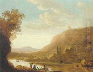 A Rocky River Landscape With Fishermen And Other Figures Conversing On A Bank by Cornelis Matteus