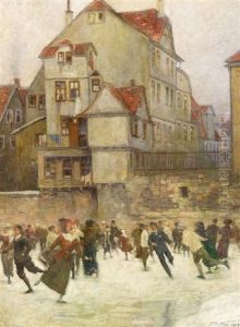 Kassel. Schlittschuhlaufer Auf Dem Eis Nahe Der Fuldabrucke