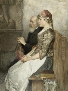 Madchen Mit Alterem Herrn Auf Einer Kirchbank by Theodor Matthei