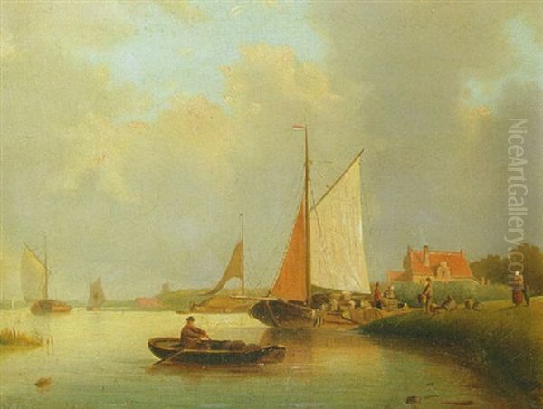 A River Landscape With Peasants Unloading A Sailing Vessel - view 1