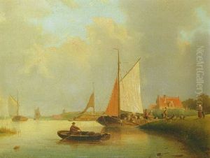 A River Landscape With Peasants Unloading A Sailing Vessel