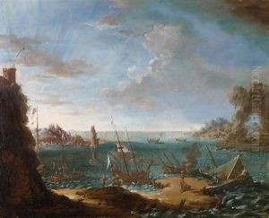 Kustenlandschaft Mit Hafenanlage (+ Zahlreiche Personen Am Kai; 2 Works) by Ludovico Mattioli