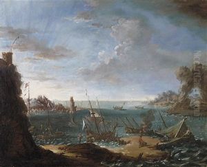 Sudliche Felskuste Im Morgenlicht. Im Wasser Aufliegende Schiffe by Ludovico Mattioli
