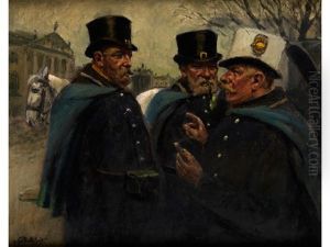 Der Eiserne Gustav Vor Dem Reichstag Mit Zwei Anderen Droschkenkutschern Im Gesprach