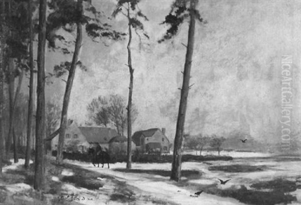 Gutshof In Winterlandschaft Mit Reiter - view 1