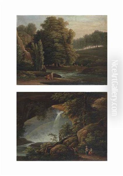 A Wooded Landscape With Shepherds And Their Flock By A Stream; A Rocky Wooded Landscape With Travellers Resting By A Waterfall (pair) - view 1