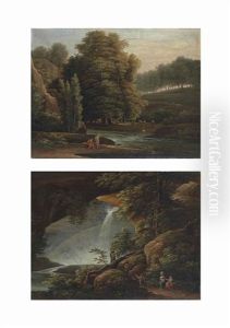 A Wooded Landscape With Shepherds And Their Flock By A Stream; A Rocky Wooded Landscape With Travellers Resting By A Waterfall (pair) by Fedor Mikhailovich Matveev