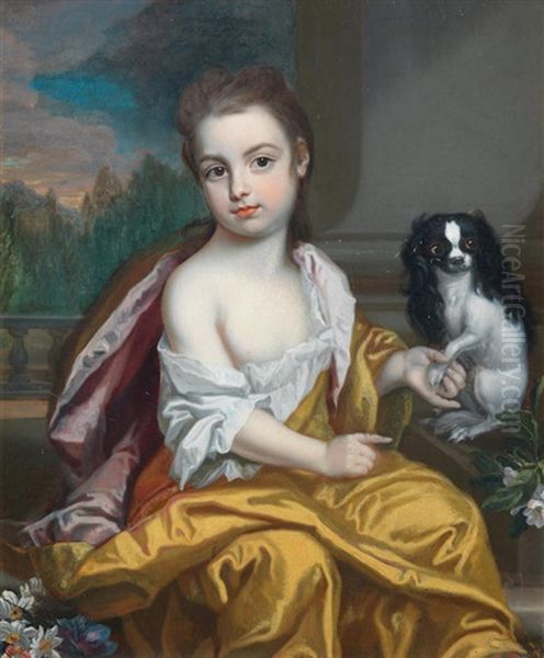 Portrait Of Girl Three-quarter Length, Seated Beside A Dog - view 1