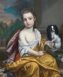Portrait Of Girl Three-quarter Length, Seated Beside A Dog by James Francis Maubert
