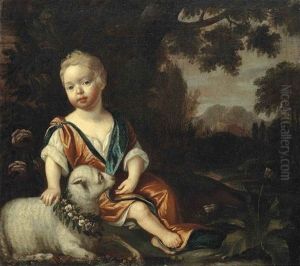 Portrait Of A Boy, With A Lamb, Seated In A River Landscape by James Francis Maubert