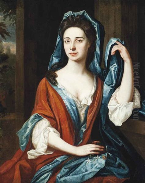 Portrait Of A Lady, Traditionally Identified As Eleanor Preston, Half-length, In A Blue Dress And Red Wrap, A Landscape Beyond - view 1