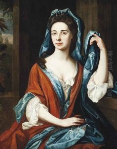 Portrait Of A Lady, Traditionally Identified As Eleanor Preston, Half-length, In A Blue Dress And Red Wrap, A Landscape Beyond by James Francis Maubert