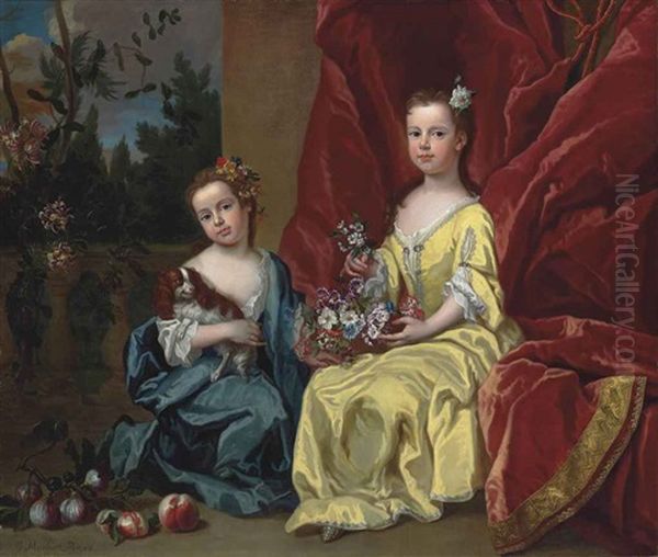 Portrait Of Catherine Sancroft (c. 1716-1780) And Her Sister Elizabeth (1714-1788), Full-length, The Former In A Blue Dress Holding A Spaniel, The Latter In A Yellow Dress Holding A Bowl Of Flowers, Before A Draped Curtain, A Park Landscape Beyond - view 1