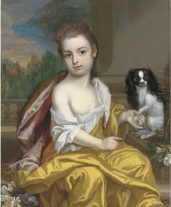 Portrait Of A Girl, Three-quarter-length, In A Yellow Dress With Pink Lining, Holding The Paw Of A Toy Spaniel To Her Left, A Column And Landscape Beyond Portrait Of A Girl, Three-quarter-length, In A Yellow Dress With Pink Lining, Holding The Paw Of A Toy Spaniel To Her Left, A Column And Landscape Beyond