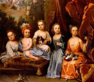 A Portrait Group Of The Smith Children On A Terrace With A Spaniel, Basket Of Flowers And A Parakeet