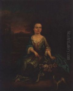 Portrait Of A Young Girl In A Green Dress Beside A Basket Of Flowers And A Spaniel With A Wooded River Landscape Beyond