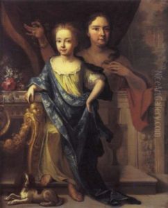 Portrait Of A Girl In A Green Dress And A Blue Silk Wrap, By A Table Decorated With Flowers, A Spaniel At Her Feet, Her Mother Behind A Balustrade