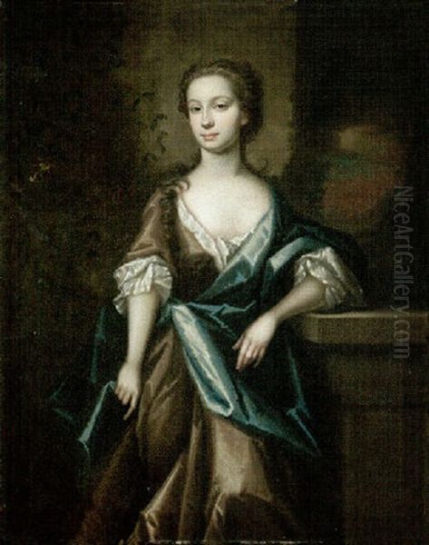 Portrait Of A Lady Wearing A Grey Silk Dress And Blue Robes With A Landscape Beyond - view 1