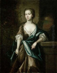 Portrait Of A Lady Wearing A Grey Silk Dress And Blue Robes With A Landscape Beyond by James Francis Maubert