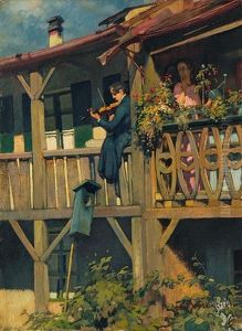 Geiger Auf Dem Balkon, Belauscht Von Der Nachbarin by Richard Mauch