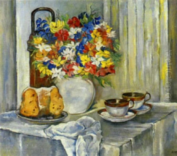 Stilleben Mit Blumenvase, Tassen Und Kuchen - view 1