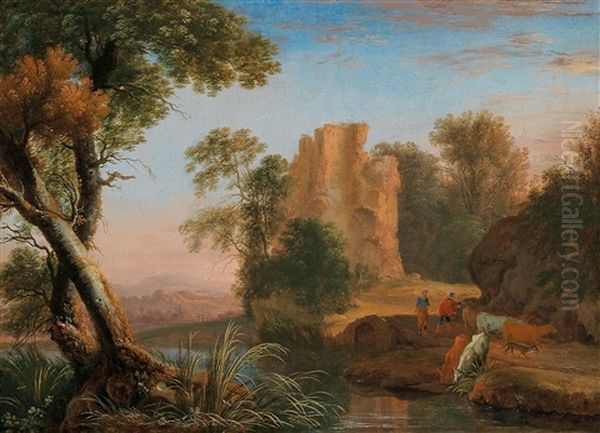A Campagna Landscape With Shepherds And Their Flock By A Stream - view 1