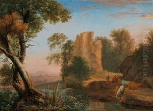A Campagna Landscape With Shepherds And Their Flock By A Stream by Henri Mauperche
