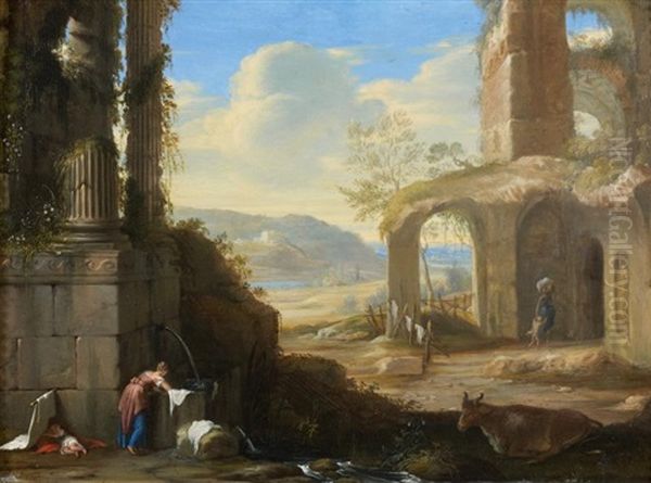 Lavandieres Dans Un Paysage De Ruines Classiques - view 1