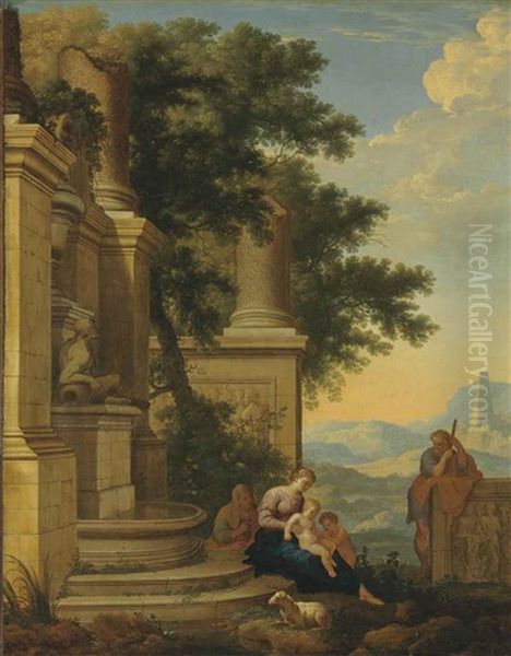 An Extensive Landscape With The Holy Family, Saints Anne And John The Baptist By Classical Ruins - view 1